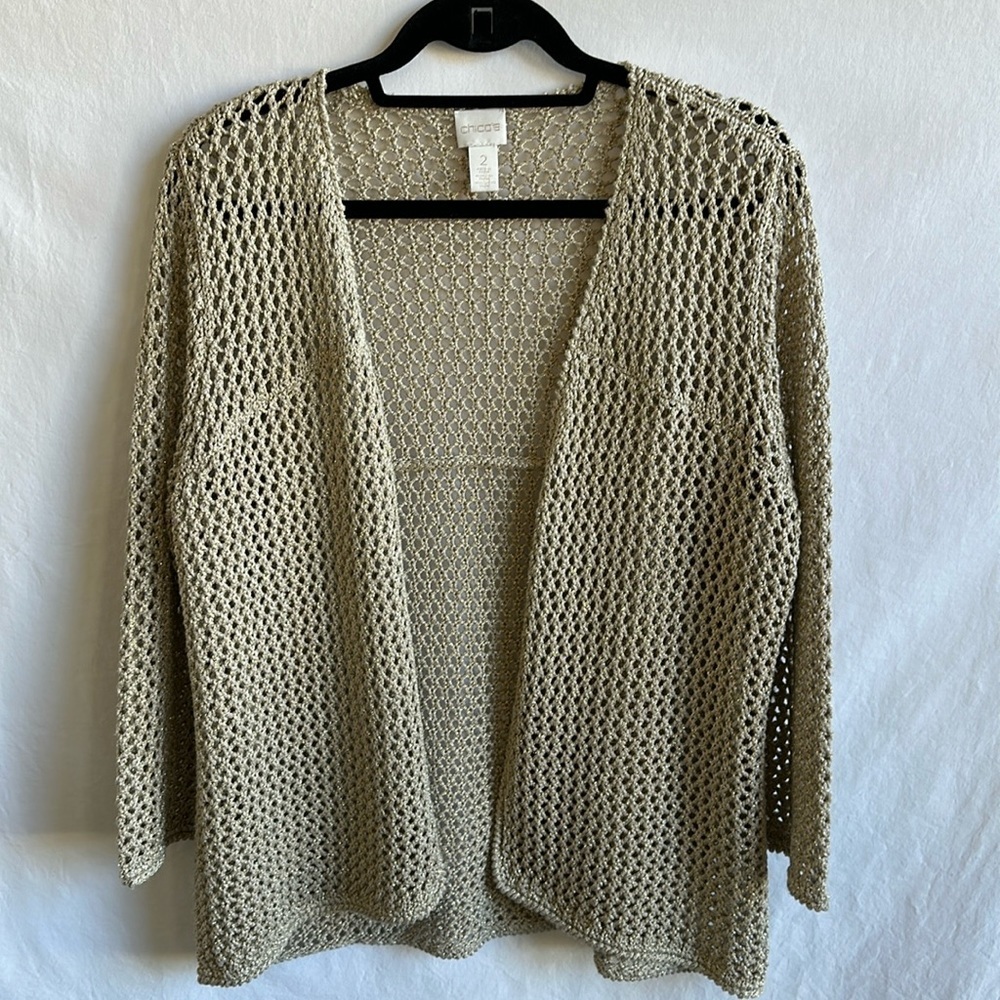 Chico’s tan open front sweater with interwoven gold metallic thread, size 2/M